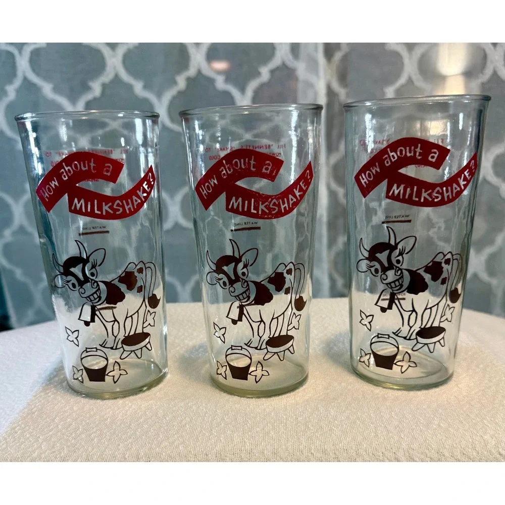 Vintage Bennett's Milkshake Glasses Cow Graphics Set of 3 Retro Kitchenware
